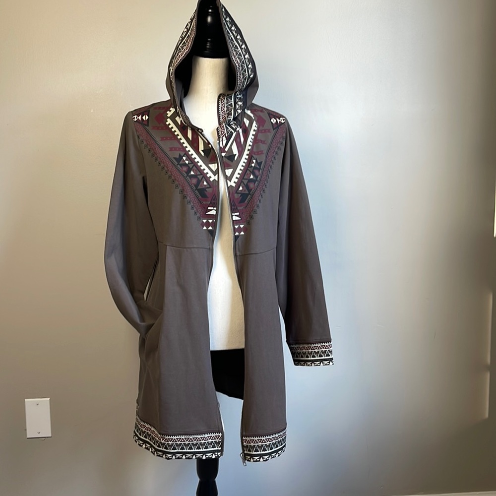 Monroe & Main Weekend Warrior Zip Up Mocha brown Longer Length Hooded Jacket Lg
